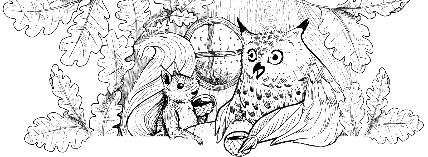 Squirrel and Owl conversing over tea